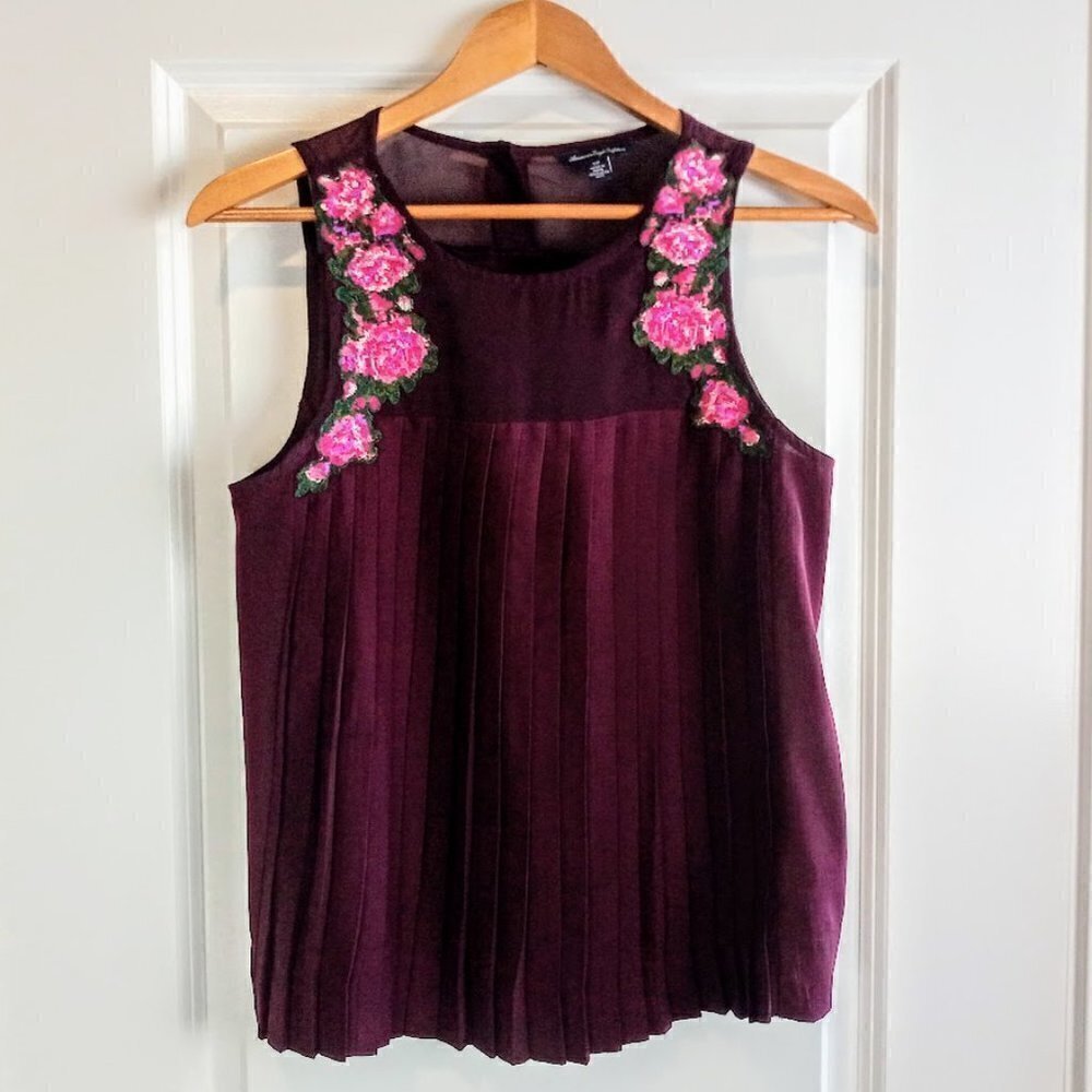 American Eagle Outfitters Pleat Front Embroidered Sleeveless Top